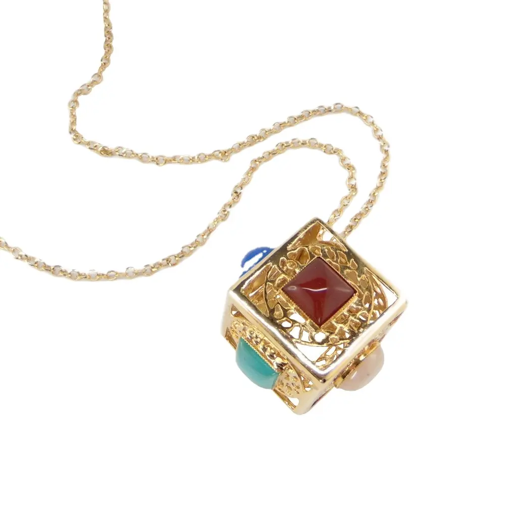 Handmade Italian Brass Necklace with Charms Shaped of Cube and Natural Stones Length 24 Inches, Made in Italy For Export