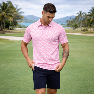 Polos de Golf Deportivos Personalizados de Lujo, Alta Calidad, Color Rosa Geométrico, Transpirables, de Secado Rápido, que Absorben la Humedad, con Logotipo Bordado - Product Image 1