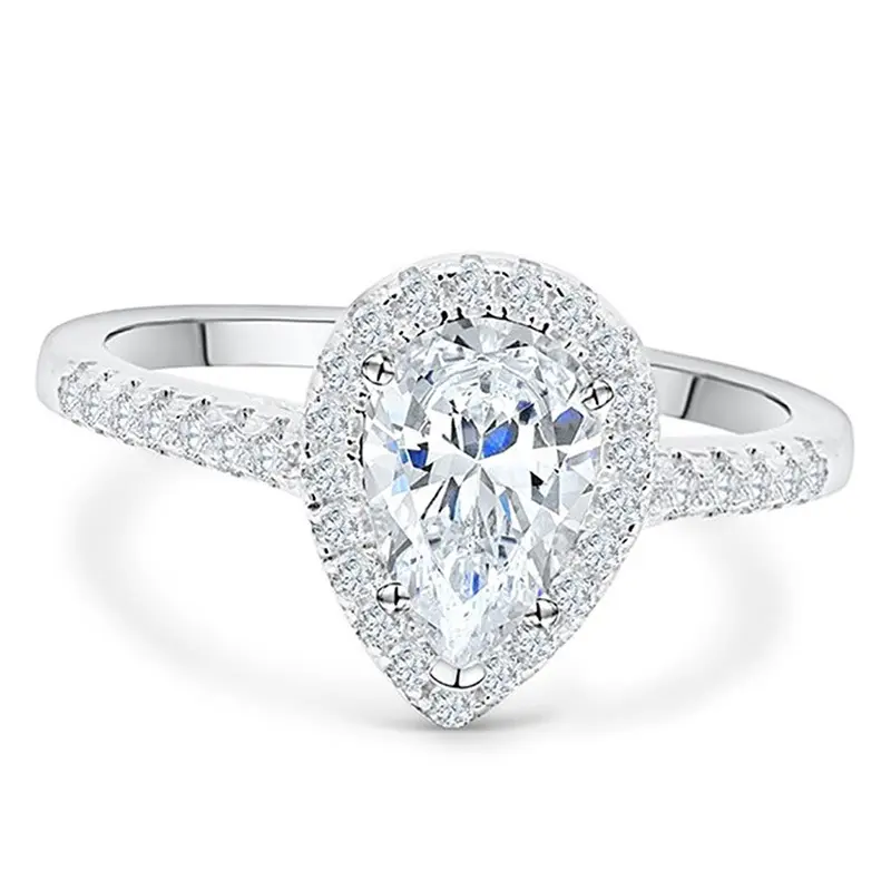 Anillo de dedo de plata en forma de pera de diamante de circonita cúbica para mujer, fabricante de joyería de moda, S925