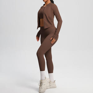 <span class=keywords><strong>Tuta</strong></span> sportiva da <span class=keywords><strong>donna</strong></span> a tre pezzi per corsa Yoga Cross-Border Stock tinta unita traspirante <span class=keywords><strong>aderente</strong></span> giacca da Fitness cerniera 5 pezzi - Product Image 3