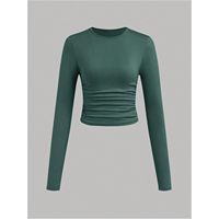 Camiseta Corta Ajustada de Manga Larga con Cuello Redondo y Fruncido para Niñas, Color Blanco Liso, Estilo Casual, Colección 2026