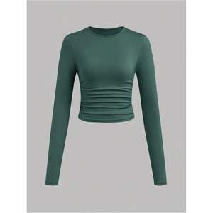 T-shirt court à manches longues froncé pour filles, col rond, coupe ajustée, blanc, décontracté - Product Image 3