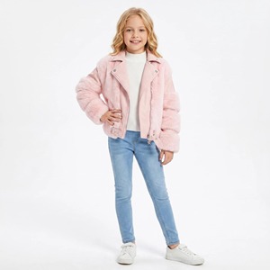 Giacca Corta <span class=keywords><strong>Rosa</strong></span> in Ecopelliccia per Bambine, Stile Moto con Colletto, Patchwork in Pelle PU, Chiusura a Cerniera, Cappotto Invernale Caldo per Bambini e Neonati, Abbigliamento Boutique - Product Image 1