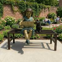 Sculpture en bronze grandeur nature de fille lisant un livre avec un chiot sur un banc, style antique, pour parc en bord de lac, statue en bronze