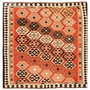 Kilim artisanal de qualité supérieure, tissé à la main à Ardabil, en laine et coton, motif géométrique rouge-orange, pour la décoration de la maison et du bureau. - Product Image 1
