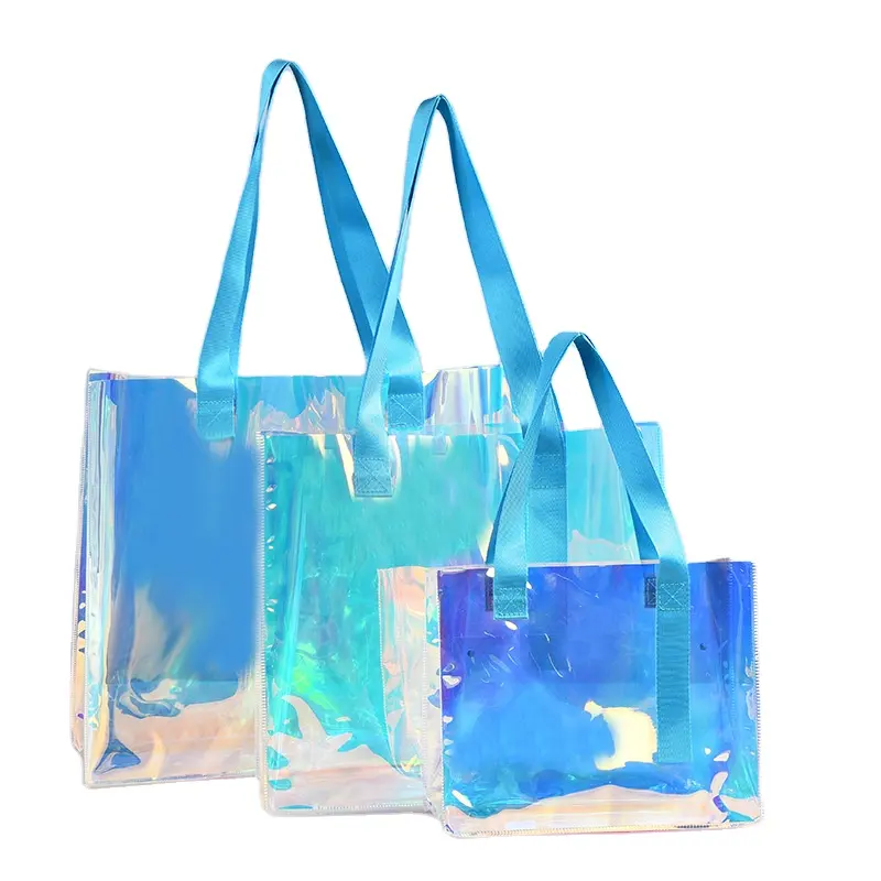 Bolso de mano de plástico transparente para mujer, bolsa holográfica iridiscente de PVC con láser, para playa y arena