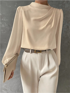 Annshine 2026 <span class=keywords><strong>Blusa</strong></span> da Donna a Tinta Unita con Pieghe, <span class=keywords><strong>Elegante</strong></span> Top in Raso a Maniche Lunghe, Nuovo Stile - Product Image 4