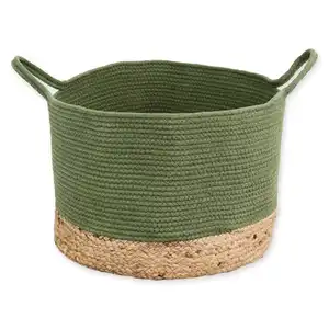 Cheap Factory Price Handmade Household Custom Olive Cotton & Natural Jute Round Storage Basket With Handles