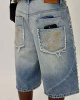 Shorts en jean baggy personnalisés avec broderies, déchirés, style streetwear hip-hop, multi-poches, cargo orné de strass, écologiques