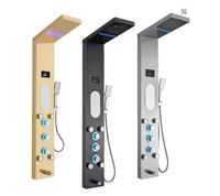 Panneau de douche mural multifonctionnel en acier inoxydable et céramique avec LED, robinets thermostatiques, effet pluie et massage, finition chromée