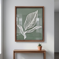Peinture en relief rectangulaire Art Déco à cadre en bois vert neutre pour chambre à coucher, salon, art mural botanique en feuilles 3D