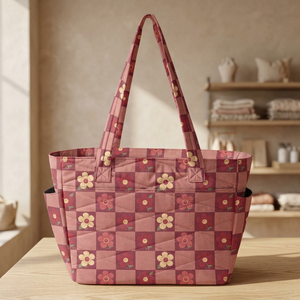 Floral <b>Checkered</b> Canvas Tote Bag Open <b>Top</b> Fashion Women's Shopping Bag All Seasons Style - Product Image 4