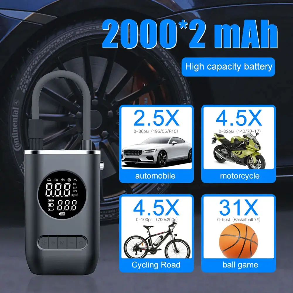 ミニ小型電動タイヤインフレーターハンドヘルドエアポンプサイレントデジタルタイヤインフレーターカータイヤ用圧力計付きワイヤレスバイク