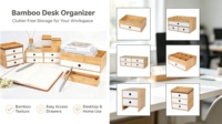 Organisateur de bureau en bambou avec 4 tiroirs, meuble de rangement de bureau, organiseur de papeterie et de maquillage pour bureau, maison, coiffeuse