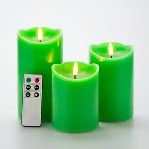 Matti's Battery operated 3D real flame pillar green paraffin wax flickering led candle