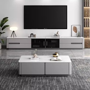 Support <span class=keywords><strong>TV</strong></span> carré en bois et marbre moderne de luxe et ensemble de table basse tiroirs multifonctions de salon meubles design décor 2025 - Product Image 3