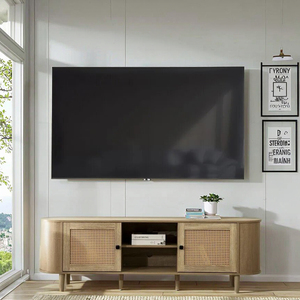 Curve Design <strong>TV</strong> Cabinet Living Room <strong>TV</strong> Stand Entertainment Center with Two <strong>Rattan</strong> Decor Doors &amp; Shelves <strong>TV</strong> <strong>Unit</strong> for Living Room - Product Image 1