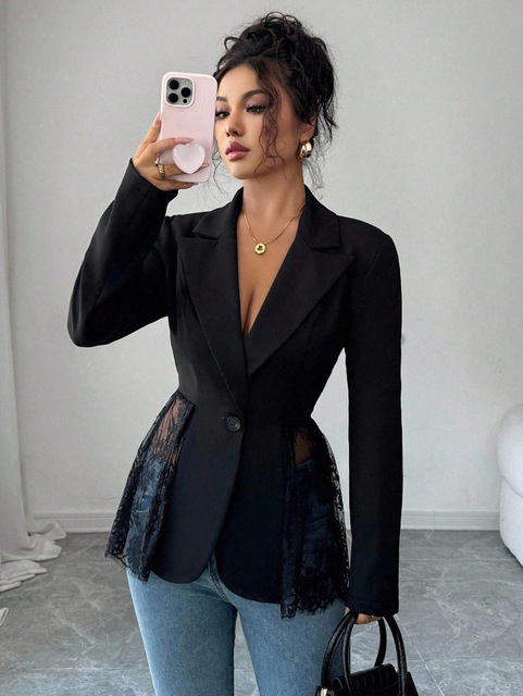 Women Black Blazer Lace Peplum Single Breasted Long Sleeve Formal Office Blazers Elegant Waist Slim Fit Workwear Jacket