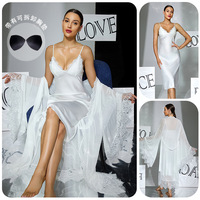 Ensemble de Loungewear Deux Pièces Sexy en Dentelle Respirante pour l'Été, Manches Longues, avec Coussinets de Poitrine Amovibles en Satin, Camisole Luxueuse à Col en V pour la Maison