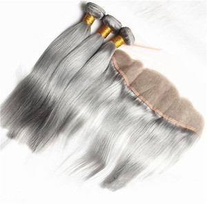 Faisceaux de cheveux brésiliens argent droite armure de cheveux humains couleur grise pure 3 faisceaux faisceaux de cheveux remy avec <span class=keywords><strong>fermeture</strong></span> frontale en dentelle - Product Image 1
