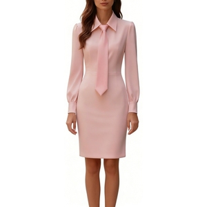 ชุดเดรสเชิ้ตผูกคอสำหรับผู้หญิง - ชุดเดรสทรงเข้ารูปคอปกแขนยาวแฟชั่น - Product Image 1