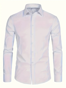 Camisa Elegante de Manga Larga con Botones para Hombre - Poliéster Casual, Tela No Elástica para Negocios y Primavera/Otoño - Product Image 6