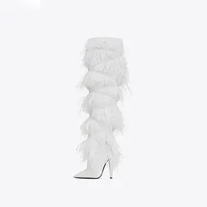 Fall/winter catwalk feathered thigh-high boots Sexy ostrich fur high heels pointed toe women's boots