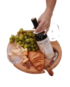FSC toptan yuvarlak açık şarap masa katlanır tabağı piknik kişiselleştirilmiş düğün hediyesi lazer oyma ahşap servis tepsisi