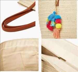 Sac fourre-tout décontracté en paille tressée avec deux poignées, grande capacité, doublure en coton, style bohème, sac de plage écologique pour femme - Product Image 3