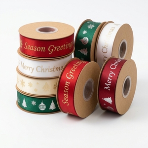 Ruban en satin imprimé personnalisé pour Noël, ruban avec logo en feuille d'or et paillettes pour emballage cadeau, décoration de fête de fin d'année, vente en gros - Product Image 1