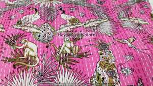 Pink Bohemian Animal and birds Printed Kantha Quilt Cotton Home Decor All Season Handmade - Product Image 2