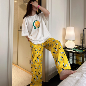 Femmes été maison pyjamas costume court long blanc petit canard jaune fleur jaune pantalon pyjamas ensembles de vêtements de nuit - Product Image 3