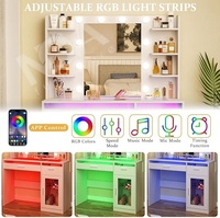 Table de maquillage moderne avec miroir à lumière LED, lumières RGB, prise de courant, plateau transparent et grand meuble de rangement