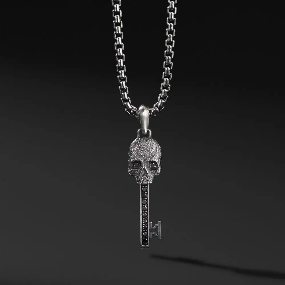 Joyería gótica de cabeza de muerte para hombres, colgante de plata de ley 925 con pavé de circonita negra, Calavera, huesos, esqueleto, llave, collar