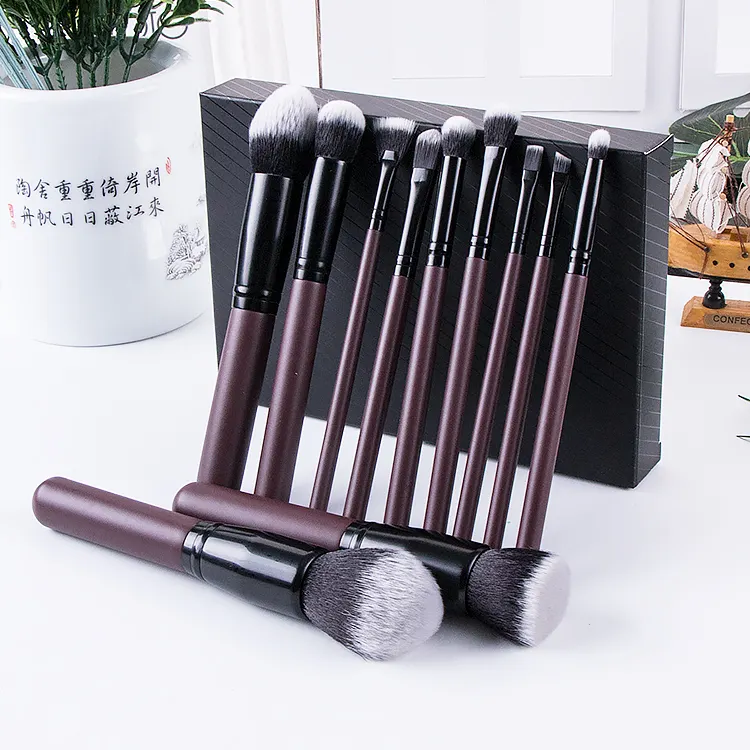 OEM Custom Cosmetic 11pcs Travel Luxury Private Label Face Eye Soft Dense Synthetic Hair Wood Handle Cosmetic Makeup Brushes Set