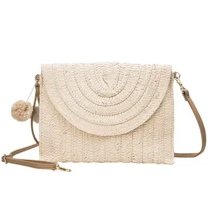 Woven Hand Made Lady's Shoulder Bag Handbag Beach Straw Bags With Leather Handle