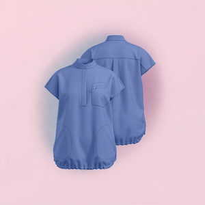 Women's Blue Mandarin Collar Woven <b>Scrub</b> <b>Top</b> With 3 Pockets Hospital Uniform Short Sleeve Stretch Fit - Product Image 2