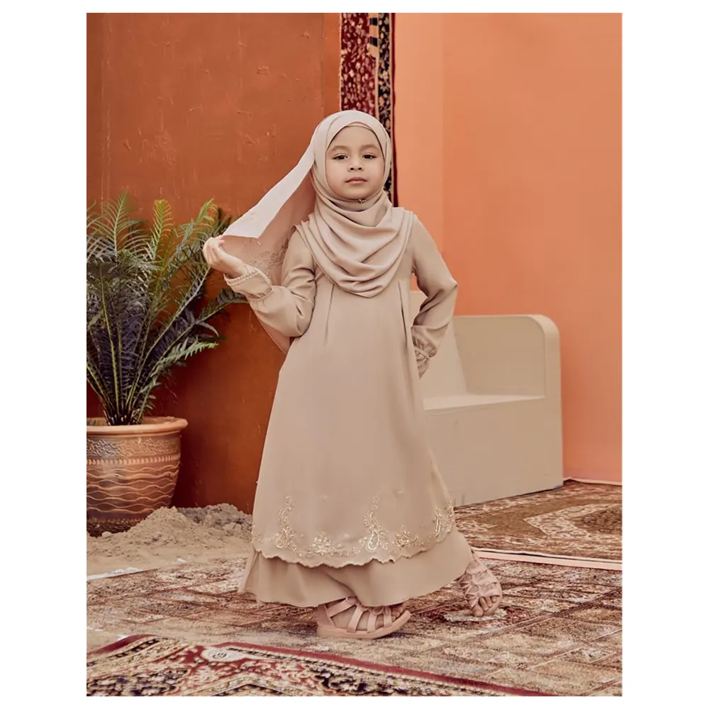 Sipo 2023 Eid Moslim Baby Meisje Abaya Voor Kind Borduurwerk Chiffon Effen Kleur Full Voering Moslim Baby Abaya Maxi Jurk