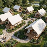 Tentes de safari de glamping de luxe pour 2 personnes, quatre saisons, tissu en toile PVC, taille 7x9m, structure en acier, une chambre, salon