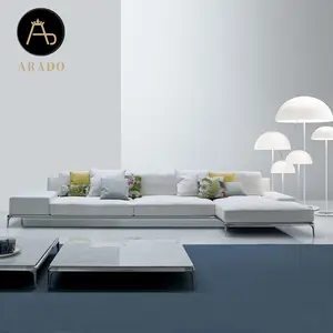 最新不锈钢意大利设计客厅家具现代皮革l形白色沙发套装