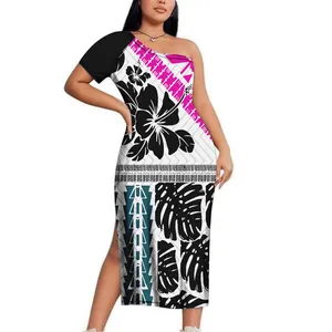 Sıcak satış özelleştirilmiş büyük boy polinezya elbise Plumeria çiçek baskılı eğik omuz kısa kollu Maxi Samoan elbiseler bayanlar