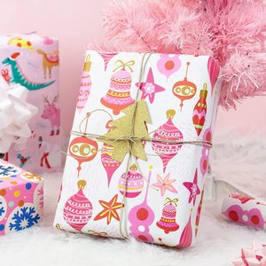 <b>Pink</b> Christmas Wrapping Paper 17in x 120in Per Roll Snowflake Unicorn Bell Design For Gift Craft Recyclable Double Side - Product Image 6