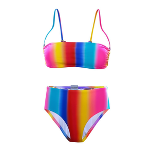 Set Bikini HDJ con Top Halter a Righe Arcobaleno e Slip a Vita Alta, Taglie 42 44 46 48, Costume da Bagno e Abbigliamento da Spiaggia - Product Image 1