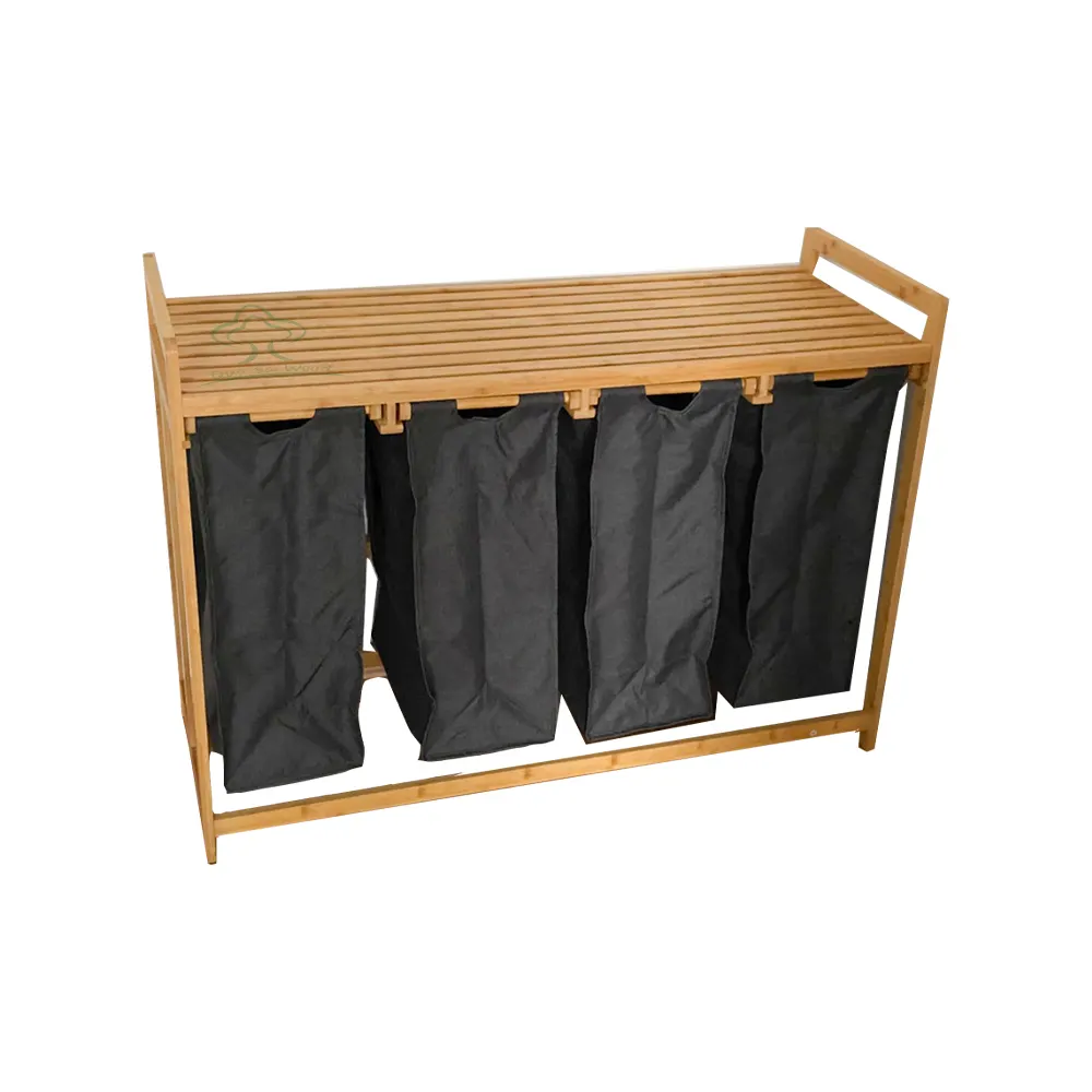 Cao cấp phòng tắm trượt bốn phần giặt giỏ có thể tháo rời Kệ tre bằng gỗ giặt giỏ cản trở với hai ngăn