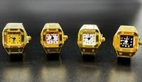 Montre à doigt tendance carrée et ronde, boîtier en alliage doré de luxe, cadran coloré vibrant, bracelet élastique, bagues-montres pour couples assortis