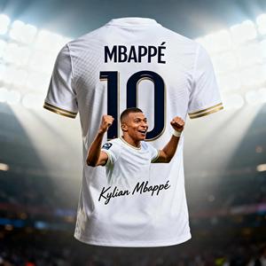 Nouveau <span class=keywords><strong>maillot</strong></span> domicile Real Madrid Mbappé n°10 AI Édition Été 2026 – Robe blanche avec bordure dorée - Product Image 1