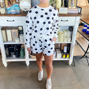 Ensemble deux pièces personnalisé à pois, col rond, manches longues, shorts, 100% coton, ample, respirant, décontracté, ensemble deux pièces pour femmes - Product Image 2