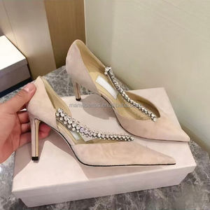 Zapatos de Tacón Alto JC Versión Superior con Cadena de Diamantes Huecos, Ante de Oveja, 8.5cm, Negro Albaricoque, Zapatos de Marca JimmysChoo - Product Image 4