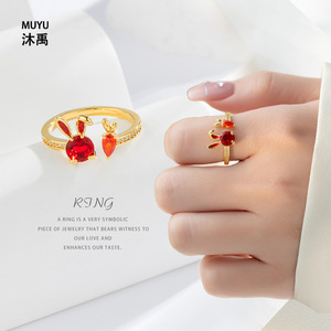 Cute Bunny Open Ring Animal Zodiac Design Red Gemstone Index Finger Jewelry Gift - Product Image 4