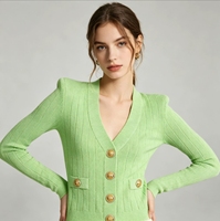 Cardigan en maille côtelée vert menthe à col en V pour femme, coupe ajustée, boutons dorés, pull élégant de printemps, haut à manches longues style preppy